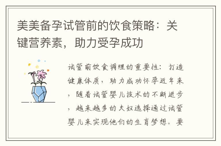 美美备孕试管前的饮食策略：关键营养素，助力受孕成功