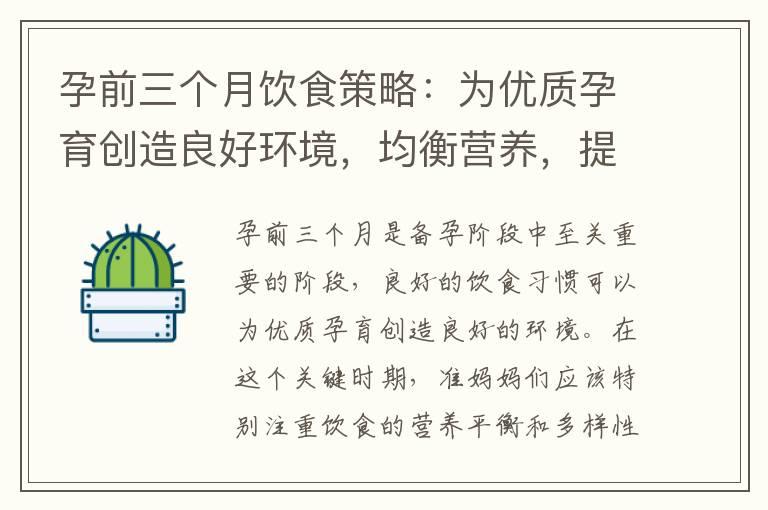 孕前三个月饮食策略：为优质孕育创造良好环境，均衡营养，提高怀孕成功率，为备孕做好充分准备