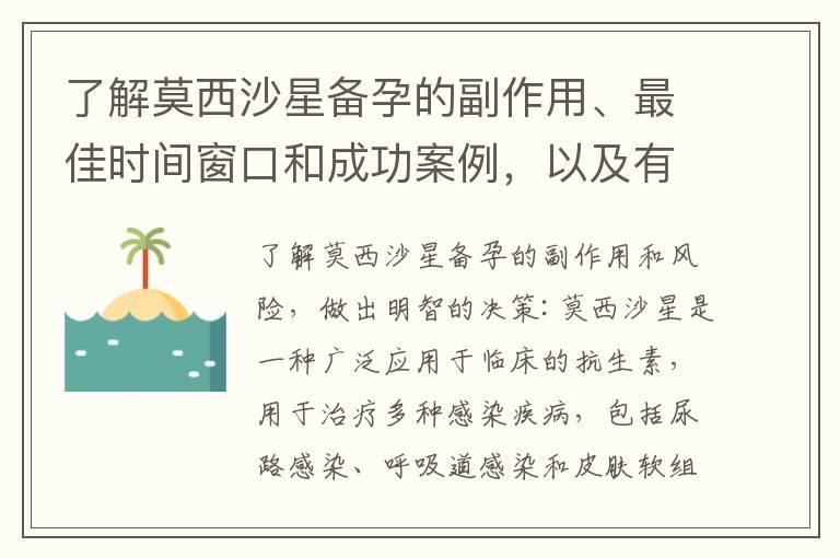 了解莫西沙星备孕的副作用、最佳时间窗口和成功案例，以及有效备孕秘籍