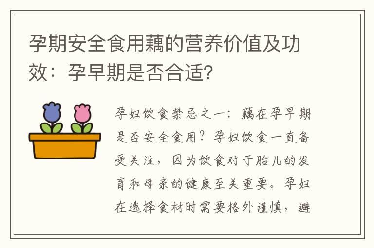 孕期安全食用藕的营养价值及功效：孕早期是否合适？