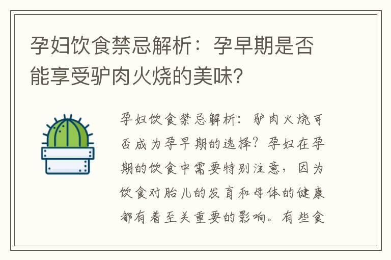 孕妇饮食禁忌解析：孕早期是否能享受驴肉火烧的美味？